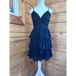 Rebellion‎ Again Black Lace Bodice Tiered Ruffle Mini Dress Small Smocked Back